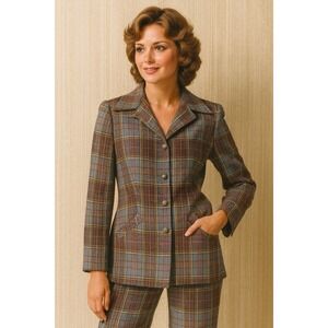 Jane Colby 2 Pcs Set Blazer Pant Suit Vintage Disco Plaid  Leisure 13/14 15/16‎